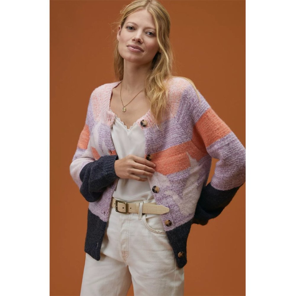 Anthropologie Maeve Birdie Cardigan Button Front Wool Blend Colorblock Sweater M